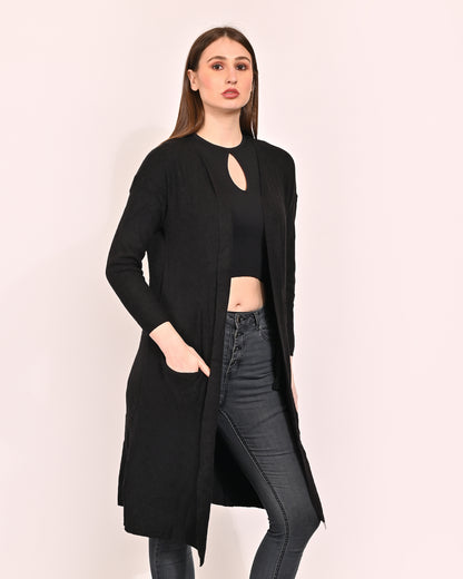 Polyester Full Sleeve with Front Open Logline Two Pockets Black Shrug