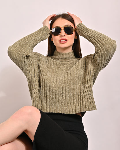 Polyester Full Sleeve with High Neck oversized Green Sweater