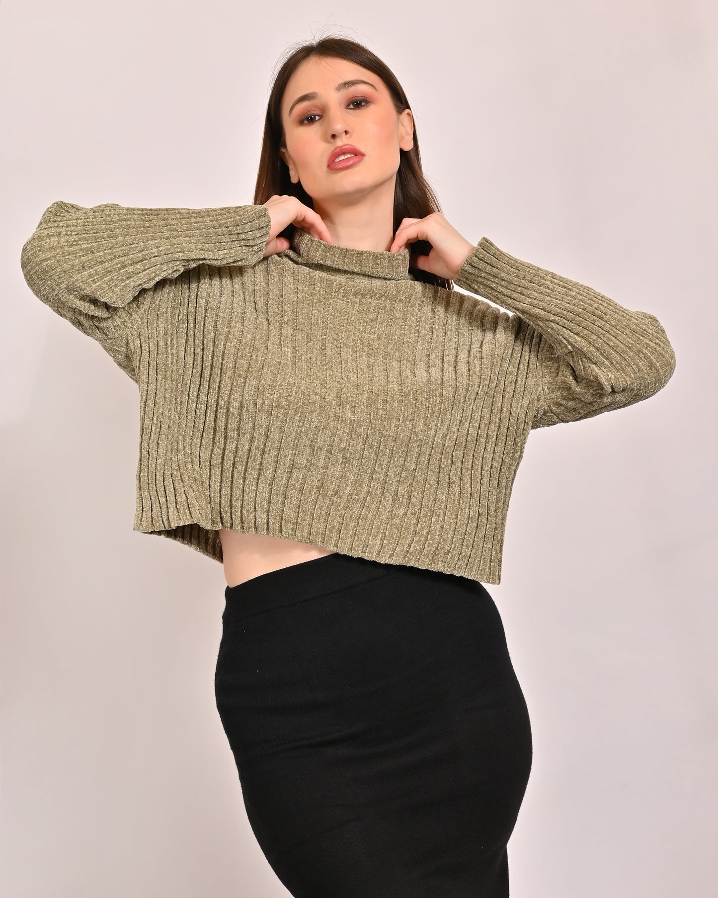 Polyester Full Sleeve with High Neck oversized Green Sweater