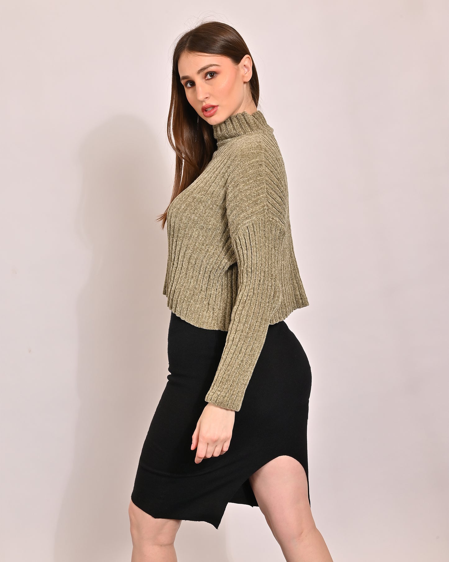 Polyester Full Sleeve with High Neck oversized Green Sweater