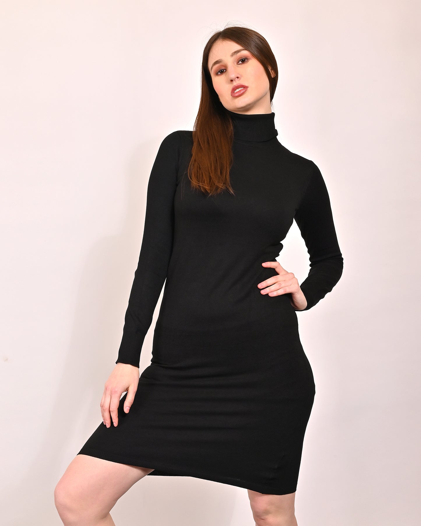 Viscose High Neck with Full Sleeve Bodycon Black Dress