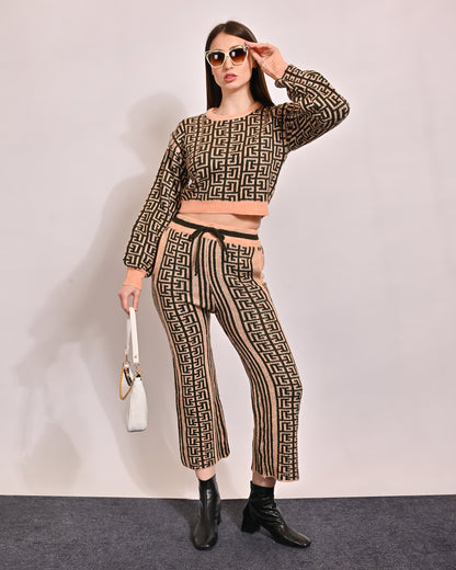 Cotton Knitted Crop Top and Trouser Brown Co-Ord Set Two Piece Set