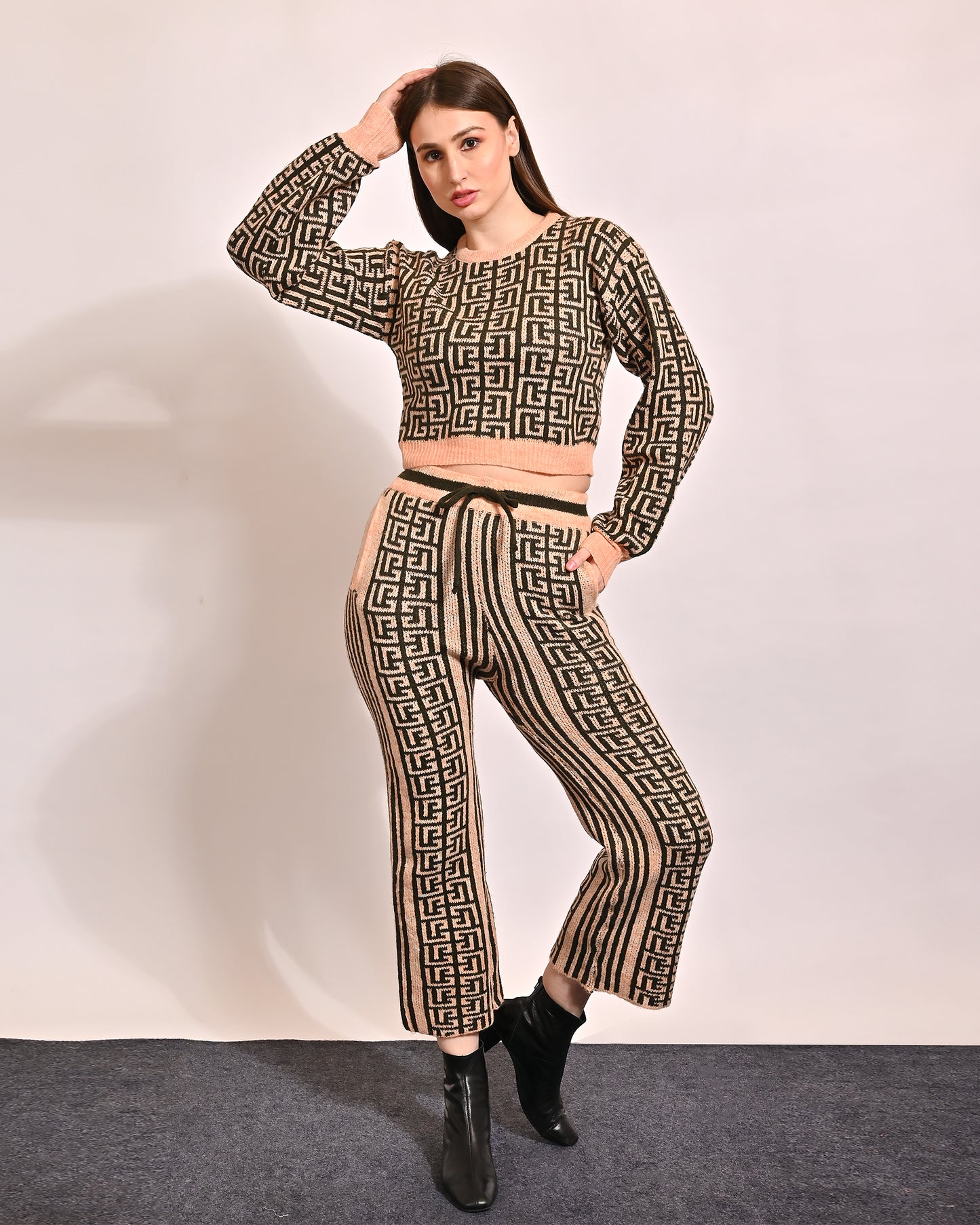 Cotton Knitted Crop Top and Trouser Brown Co-Ord Set Two Piece Set