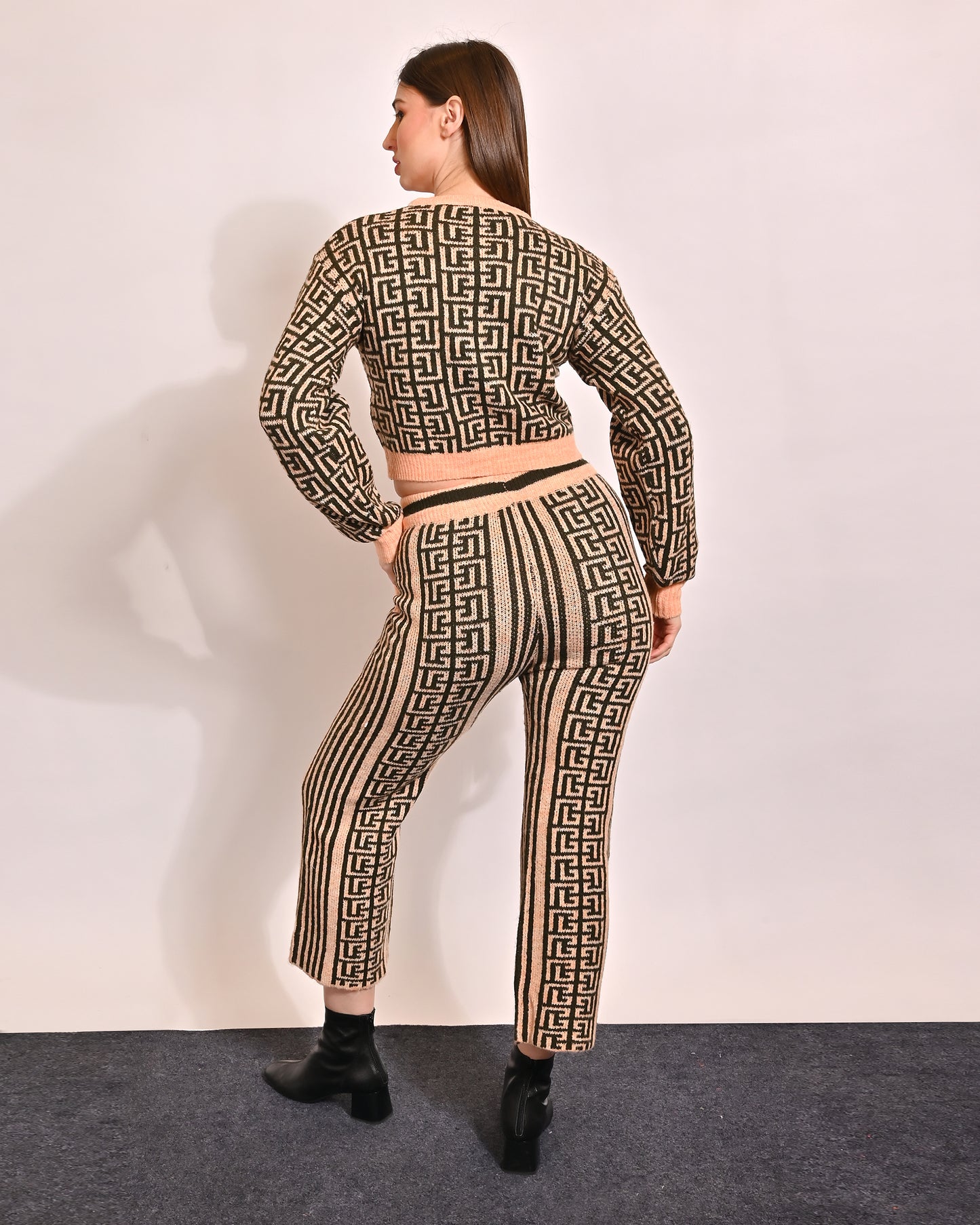 Cotton Knitted Crop Top and Trouser Brown Co-Ord Set Two Piece Set