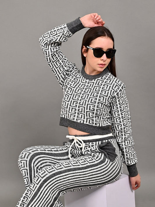 Cotton Knitted Crop Top and Trouser Grey Co-Ord Set Two Piece Set