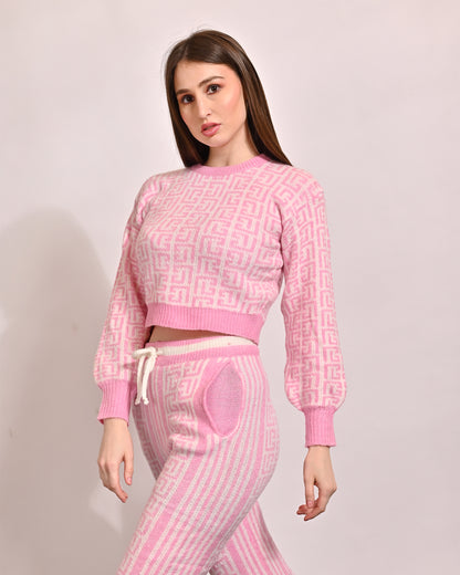 Cotton Knitted Crop Top and Trouser Pink Brown Co-Ord Set Two Piece Set