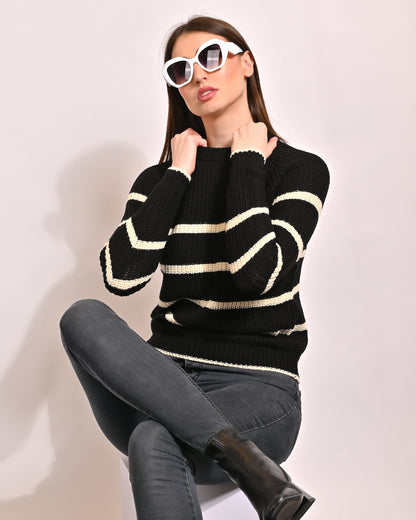 Acrylic Full Sleeve with crew Neck Striped Black Sweater