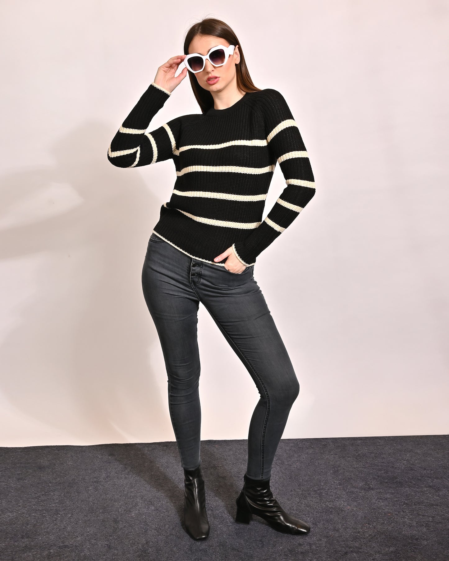 Acrylic Full Sleeve with crew Neck Striped Black Sweater