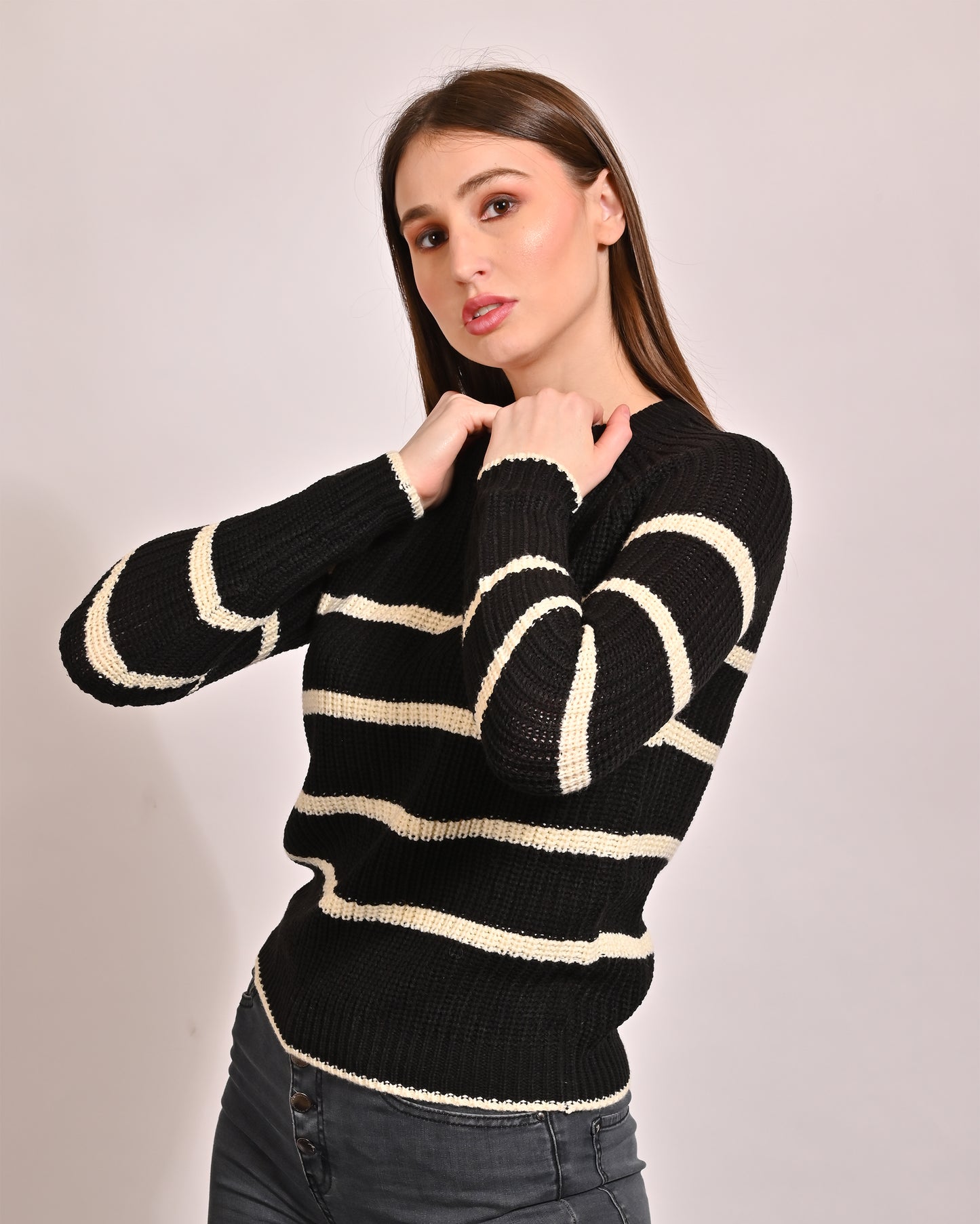 Acrylic Full Sleeve with crew Neck Striped Black Sweater