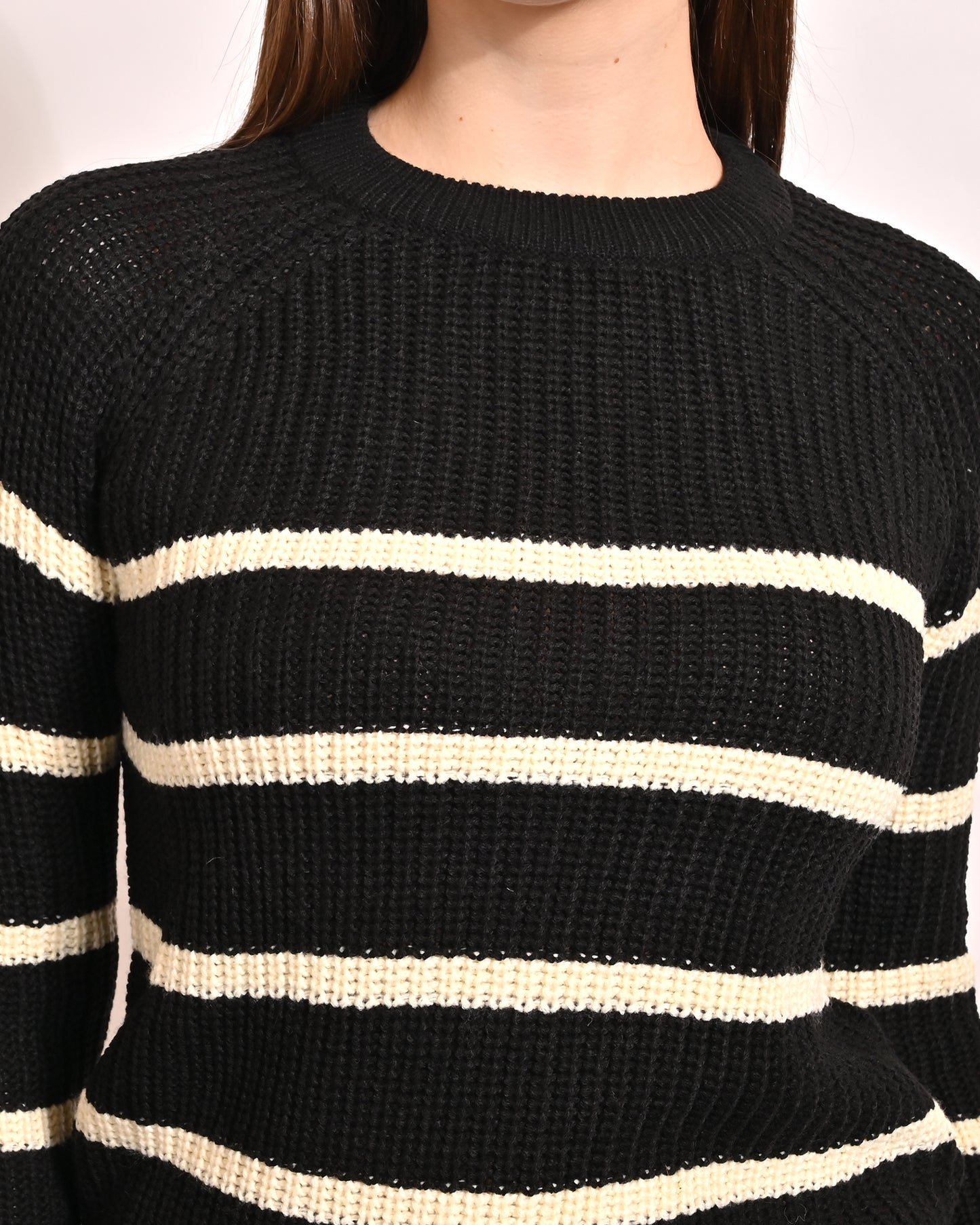 Acrylic Full Sleeve with crew Neck Striped Black Sweater