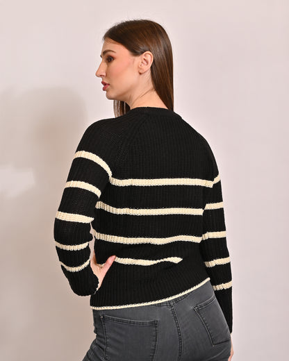 Acrylic Full Sleeve with crew Neck Striped Black Sweater