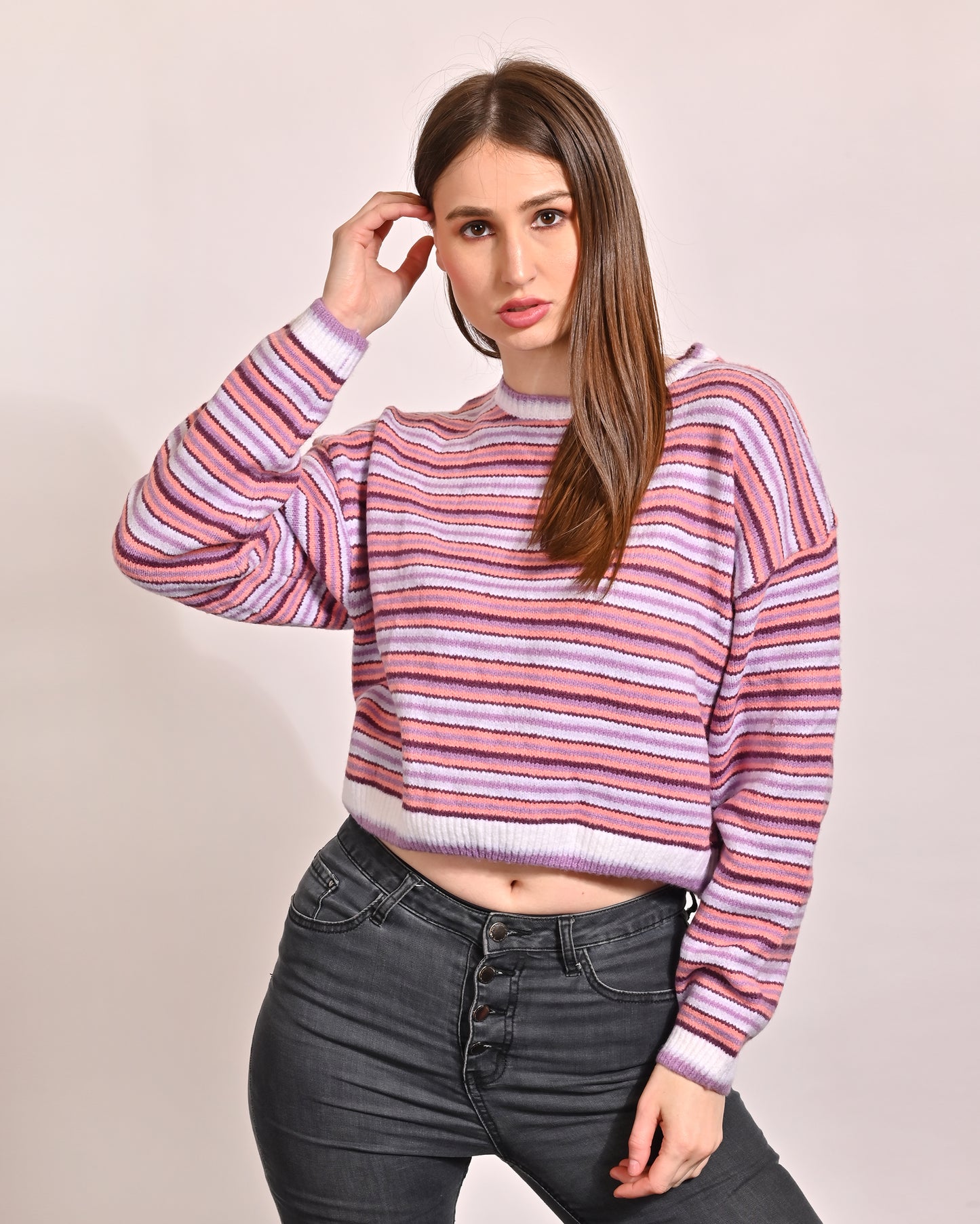 NoBarr Women's Polyester Full Sleeve with Round Neck Striped Dropped Shoulder Knit Sweater