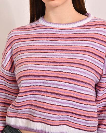 NoBarr Women's Polyester Full Sleeve with Round Neck Striped Dropped Shoulder Knit Sweater