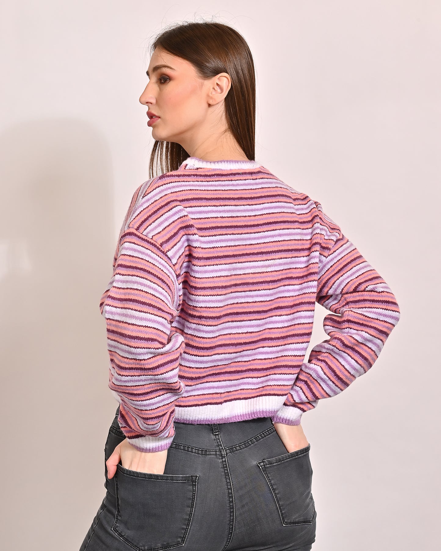 NoBarr Women's Polyester Full Sleeve with Round Neck Striped Dropped Shoulder Knit Sweater