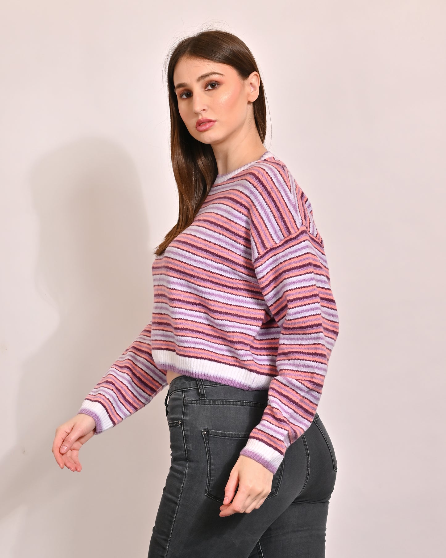 NoBarr Women's Polyester Full Sleeve with Round Neck Striped Dropped Shoulder Knit Sweater