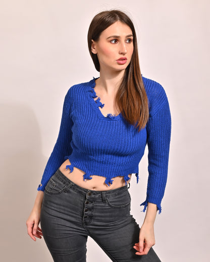 Viscose V-Neck with Full Sleeve Royal Blue Sweater