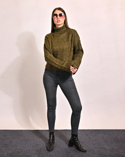 Polyester Full Sleeve with High Neck oversized Green Sweater