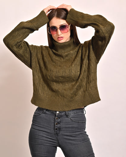 Polyester Full Sleeve with High Neck oversized Green Sweater