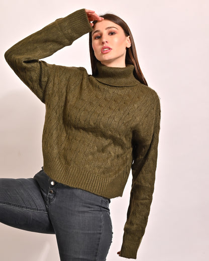 Polyester Full Sleeve with High Neck oversized Green Sweater