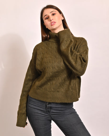 Polyester Full Sleeve with High Neck oversized Green Sweater