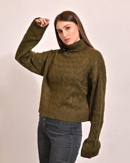 Polyester Full Sleeve with High Neck oversized Green Sweater