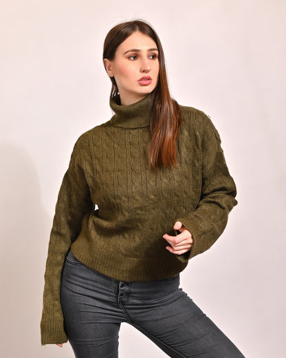 Polyester Full Sleeve with High Neck oversized Green Sweater