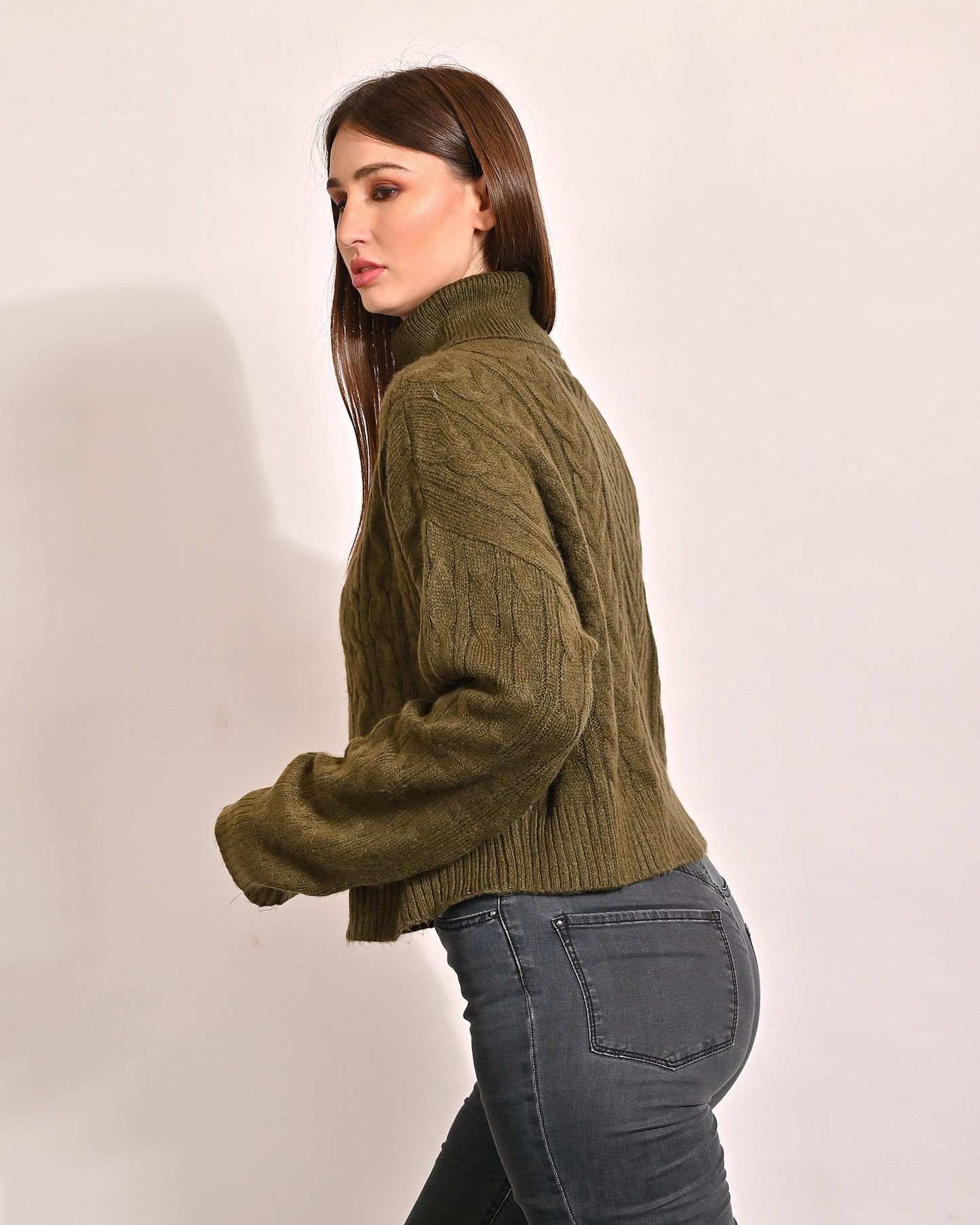 Polyester Full Sleeve with High Neck oversized Green Sweater