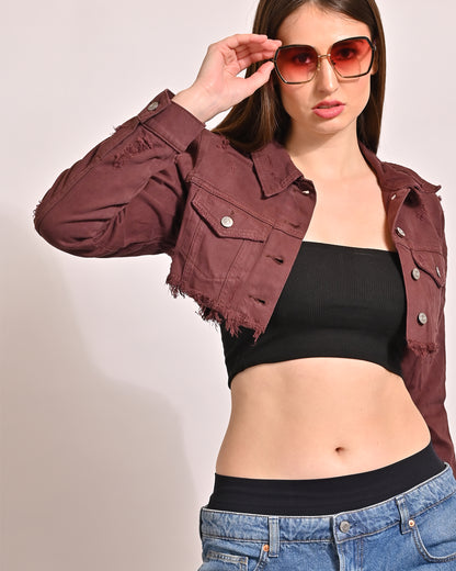 Cotton Full Sleeve Shirt Collar Crop Dark Brown jacket