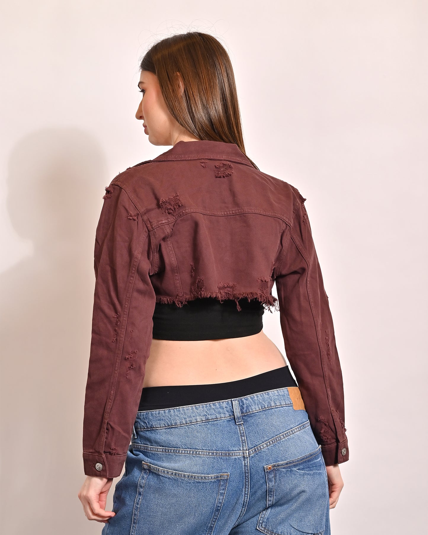 Cotton Full Sleeve Shirt Collar Crop Dark Brown jacket