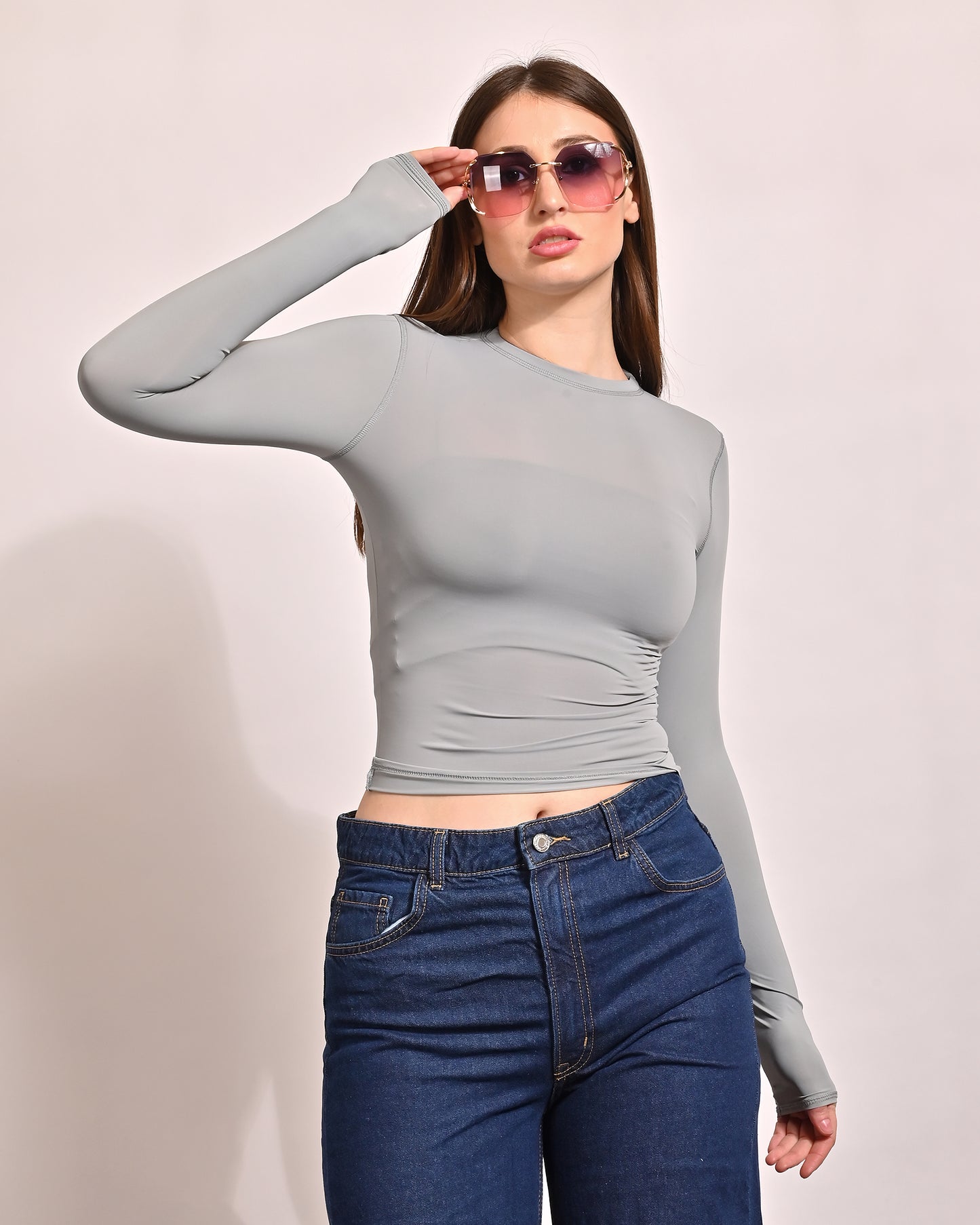 Polyester Full Sleeve with Round Neck Stretch Slim Fit Grey Top