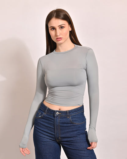 Polyester Full Sleeve with Round Neck Stretch Slim Fit Grey Top