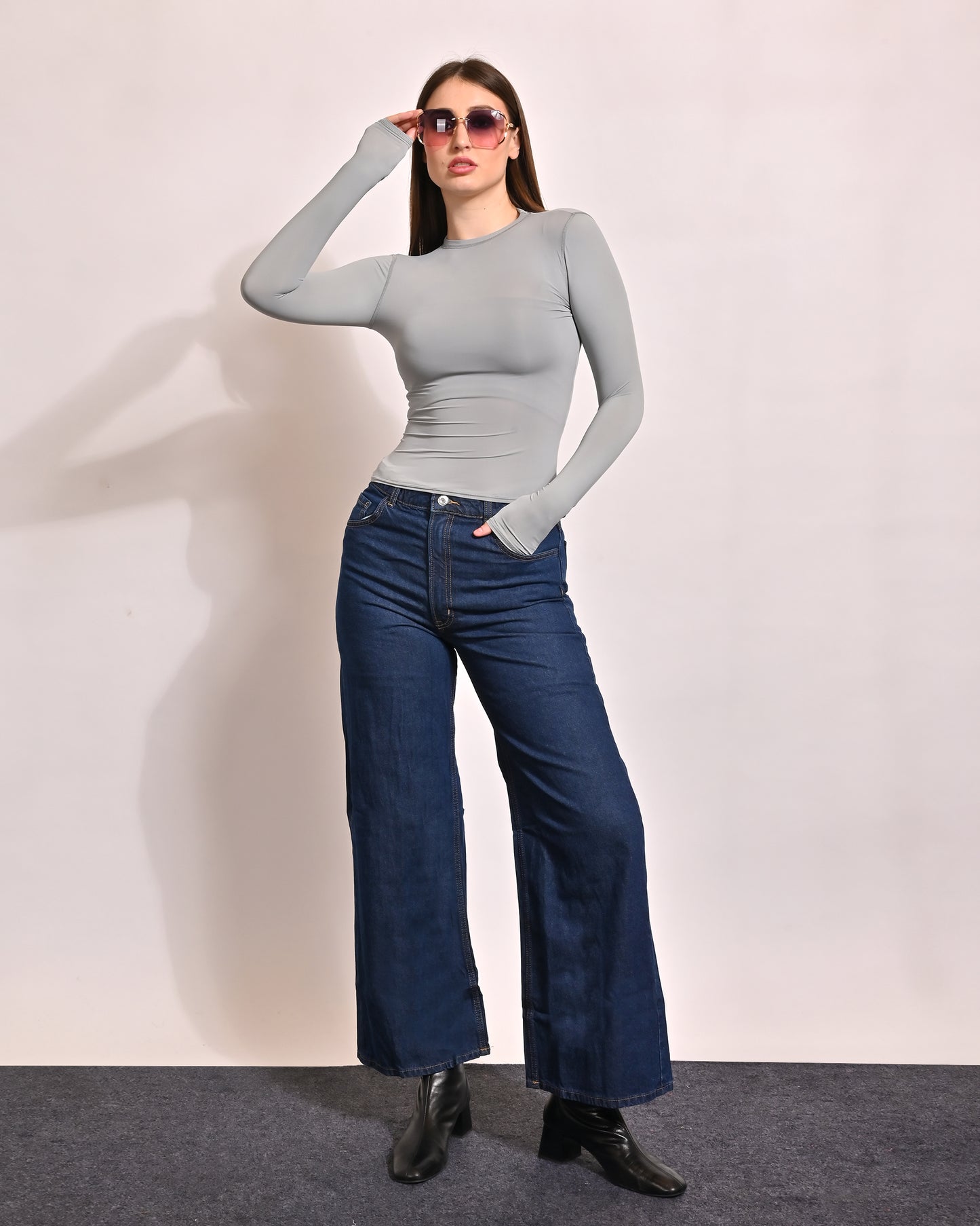 Polyester Full Sleeve with Round Neck Stretch Slim Fit Grey Top