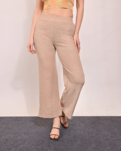 High-waist Solid Fleece Warm Flared Beige Trouser