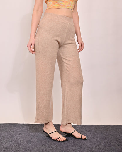 High-waist Solid Fleece Warm Flared Beige Trouser