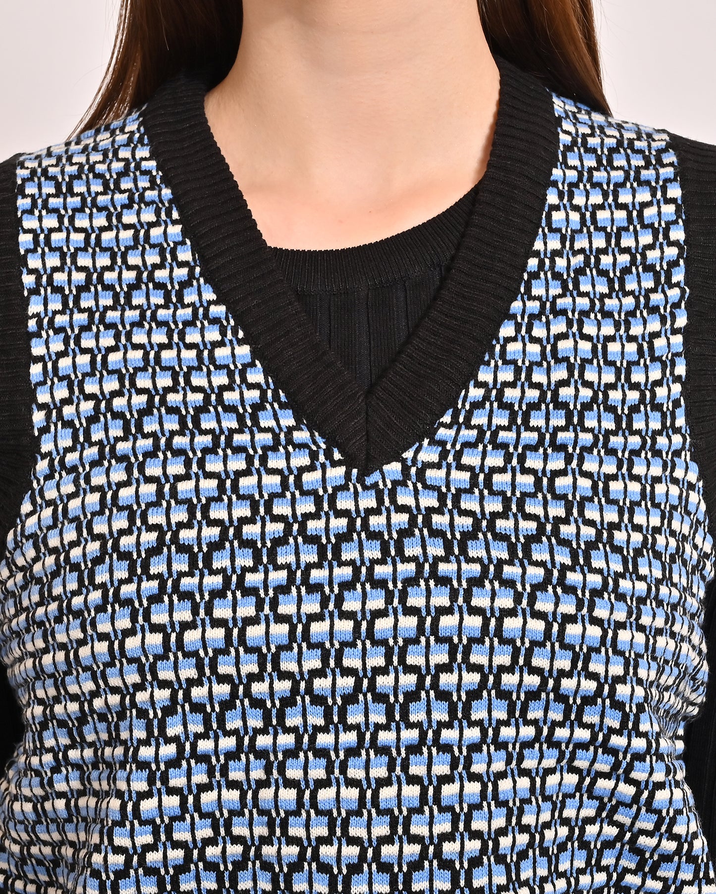 Acrylic Sleeveless with V-Neck Blue Vest Sweater