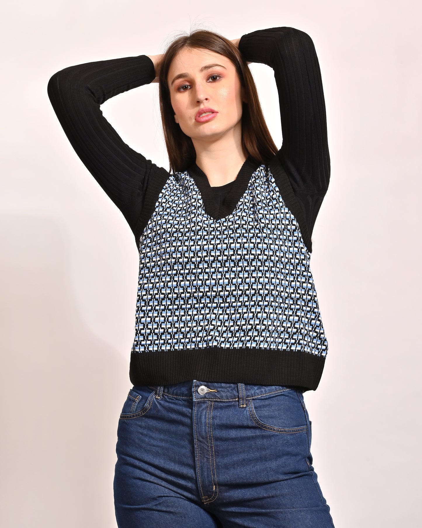 Acrylic Sleeveless with V-Neck Blue Vest Sweater