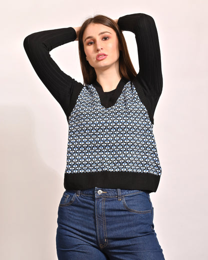 Acrylic Sleeveless with V-Neck Blue Vest Sweater