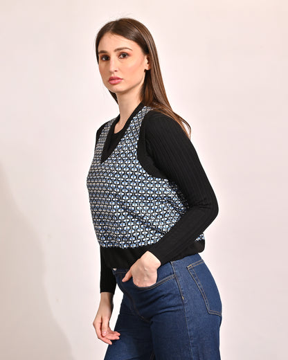 Acrylic Sleeveless with V-Neck Blue Vest Sweater