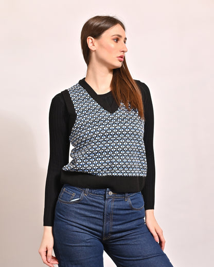 Acrylic Sleeveless with V-Neck Blue Vest Sweater