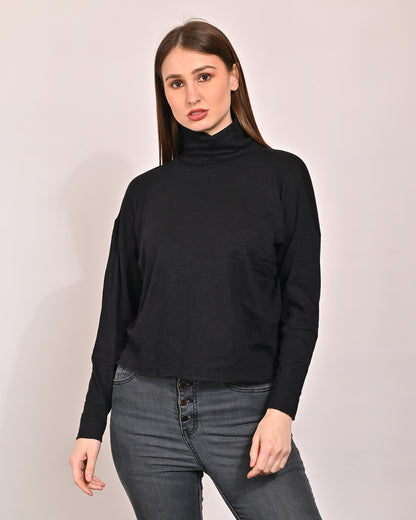 Viscose Full Sleeve with High-Neck Black Sweater