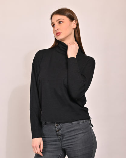 Viscose Full Sleeve with High-Neck Black Sweater