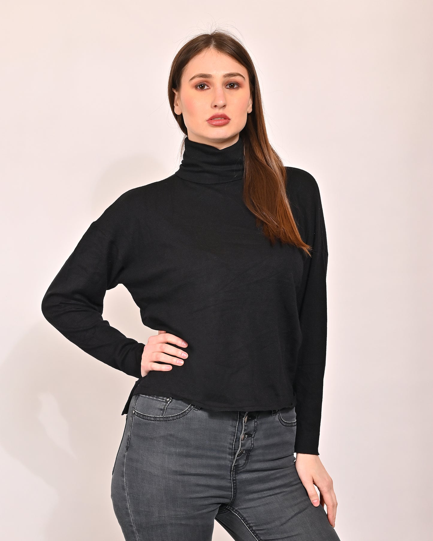 Viscose Full Sleeve with High-Neck Black Sweater