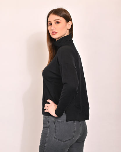 Viscose Full Sleeve with High-Neck Black Sweater