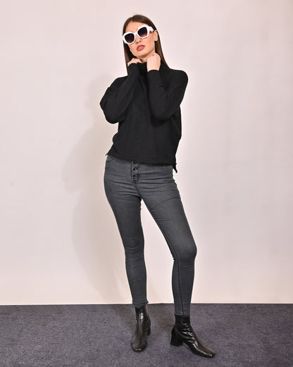 Viscose Full Sleeve with High-Neck Black Sweater