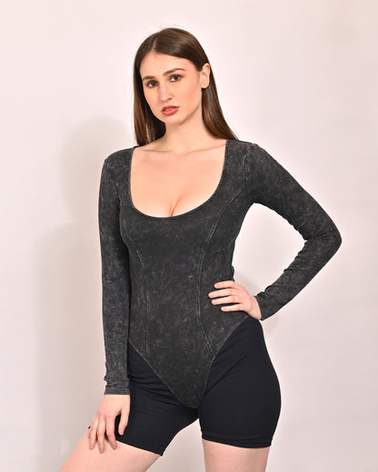 Polyester Round Neck with Full Sleeve Black Bodysuit