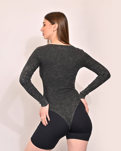 Polyester Round Neck with Full Sleeve Black Bodysuit