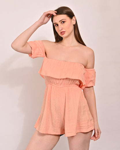 Polyester Off-Shoulder Short Sleeve Pink Mini Jumpsuit