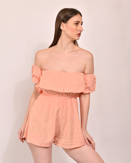 Polyester Off-Shoulder Short Sleeve Pink Mini Jumpsuit