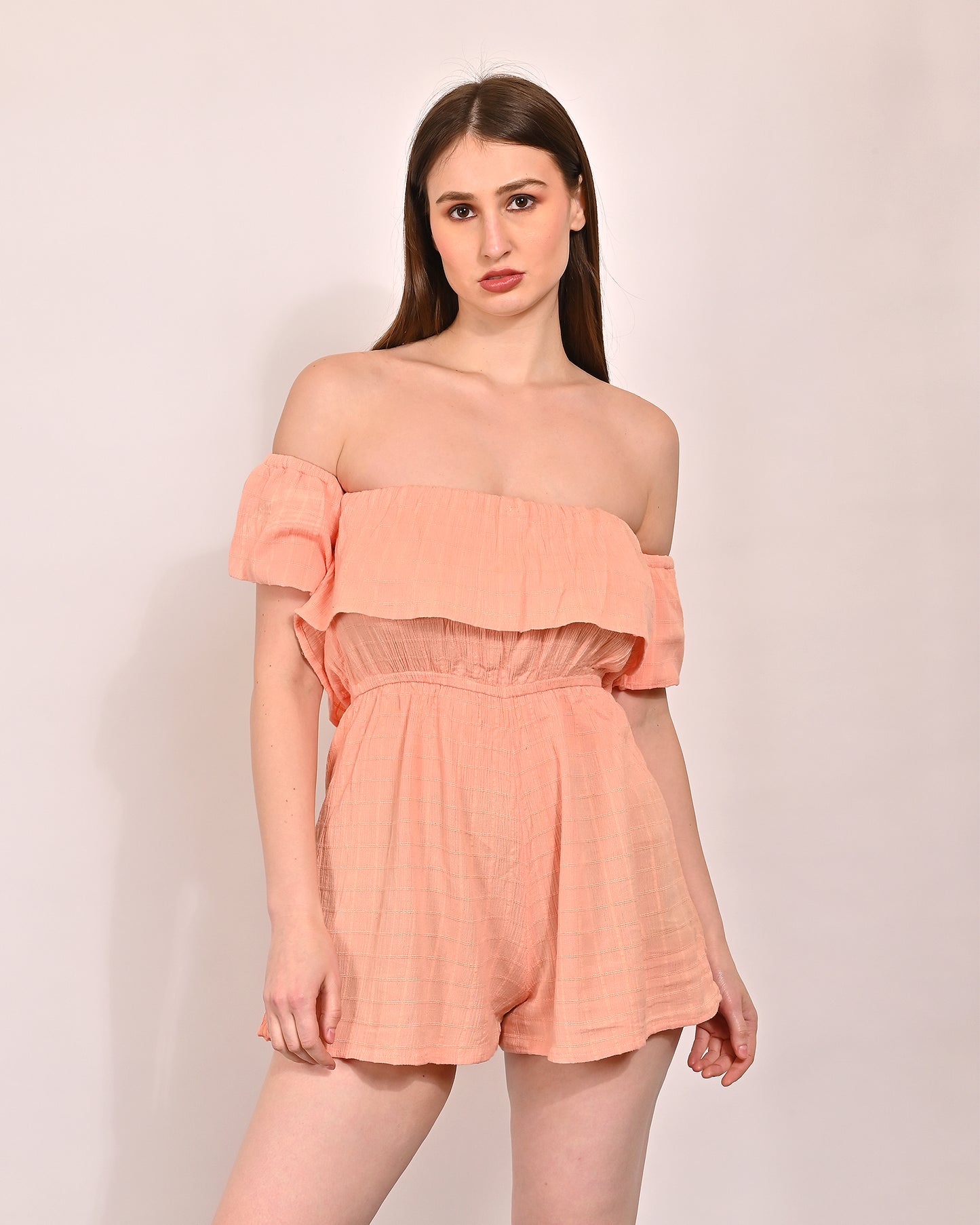 Polyester Off-Shoulder Short Sleeve Pink Mini Jumpsuit