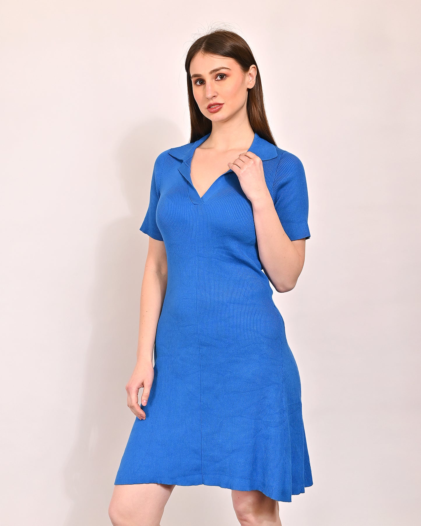 Cotton Shirt Collar with Short Sleeve Bodycon Mini Blue Dress